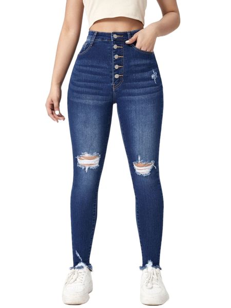 

raw hem button fly ripped jeans d0db#, Blue