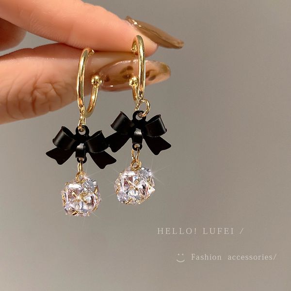 

925 silver needle c- shaped black bow zircon earrings korean graceful personality niche high sense earrings ear studs women, Golden