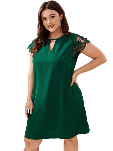 

plus contrast lace keyhole neck dress n7il#, Black