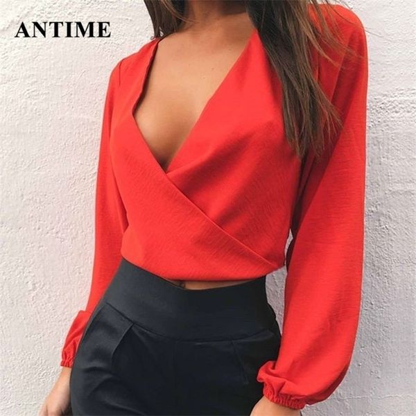 

antime women chiffon blouse v neck backless bow lace up long sleeve ladies slim party white yellow red shirts y200828