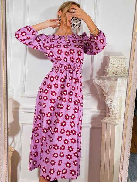 

floral print tie neck lantern sleeve dress 39gf#, Black;gray