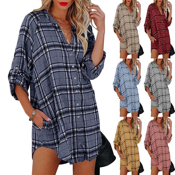 

women's new shirt plaid printed v-neck long-sleeve blouse, White