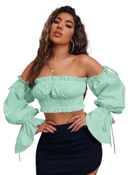 

sxy off shoulder ruffle trim knot sleeve q5tv#, White