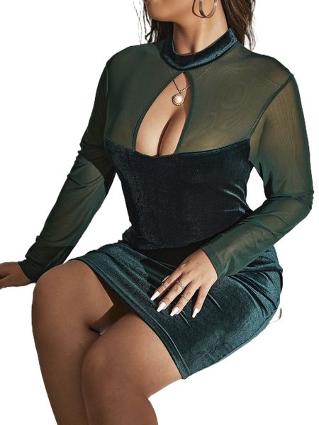 

plus contrast mesh cut out mock neck velvet bodycon dress w2ua#, Black