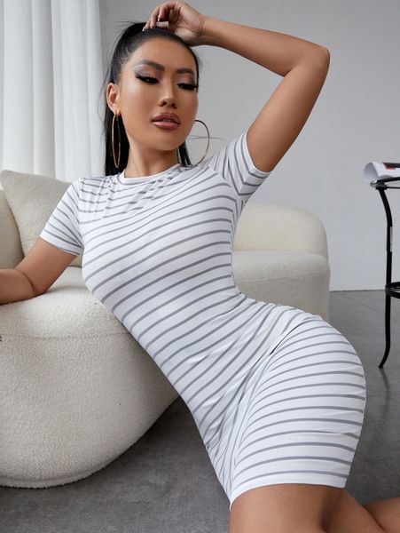 

sxy striped crew neck bodycon dress j5mi#, Black;gray
