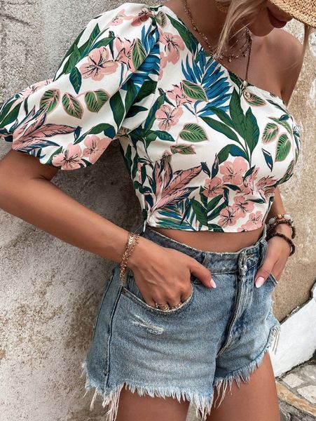 

floral print one shoulder crop blouse b2si#, White