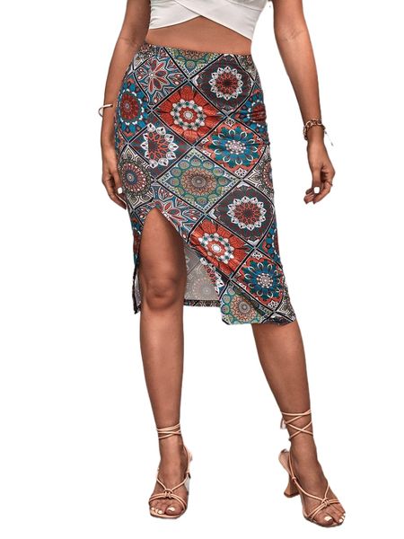 

all over print split thigh skirt 96jx#, Black