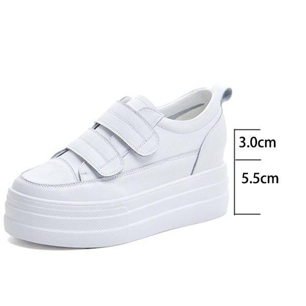 

8cm hook loop women sneakers platform genuine leather white classical slip on spring autumn wedge heel shoes vulcanzied, Black;yellow