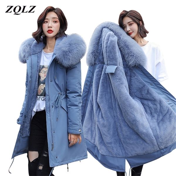 

zqlz winter coat women warm thick long parka donna cotton dames jassen winter hooded faux fur collar womens jackets 201214, Black