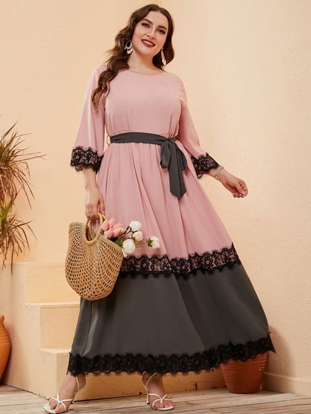 

plus eyelash lace panel colorblock ruffle hem belted dress a82p#, Black