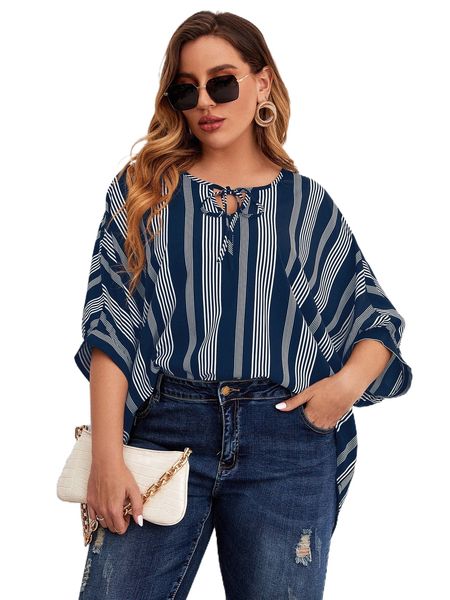 

plus striped print tie neck dolman sleeve blouse n7sw#, Black