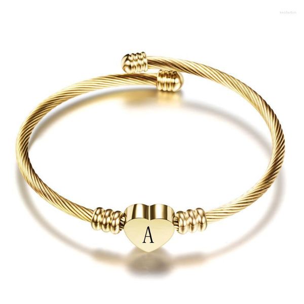 Armreif Mode Mädchen Gold Farbe Edelstahl Herz mit Buchstaben Initial Alphabet Charms Armbänder für Frauen 1141Bangle Kent22