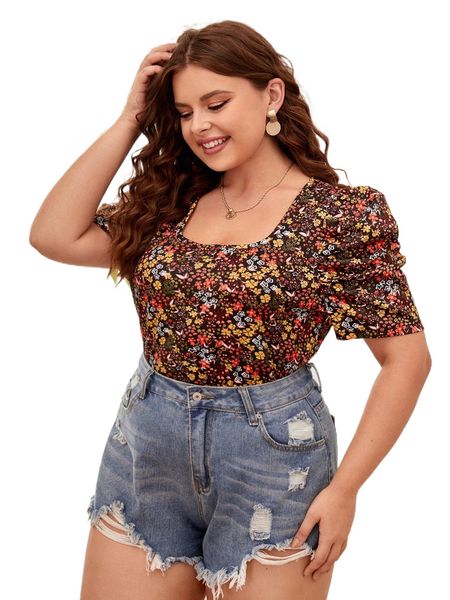

plus ditsy floral print tee d2h9#, Black