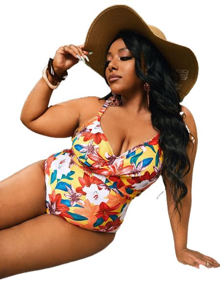 

plus floral print wrap cross one piece swimsuit w0j2#, White;black