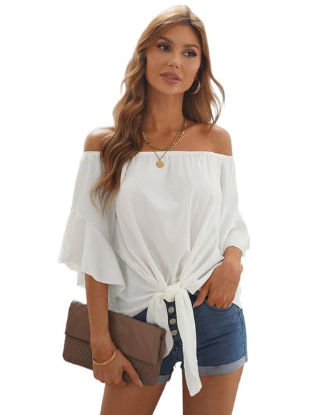 

off shoulder flounce sleeve knot hem blouse m3qf#, White