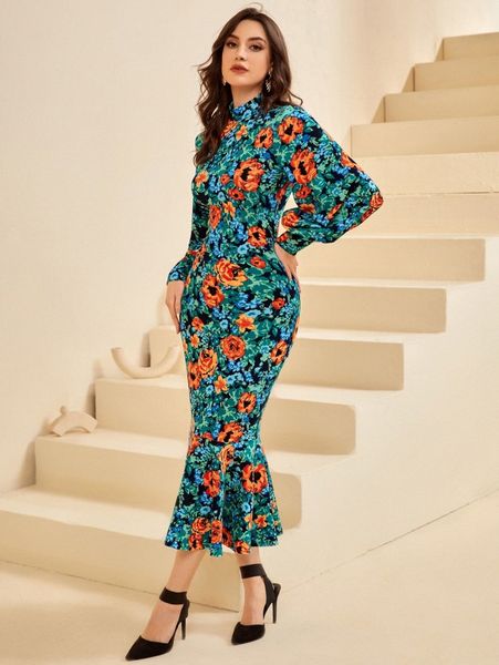 

allover floral print mock neck mermaid hem dress 07gz#, Black;gray