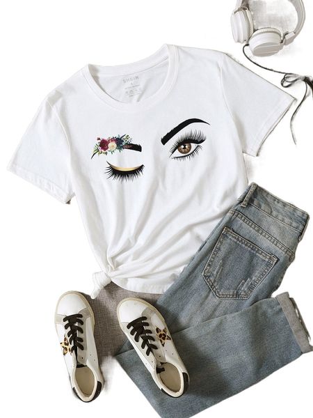 

figure & floral print round neck tee 65bi#, White