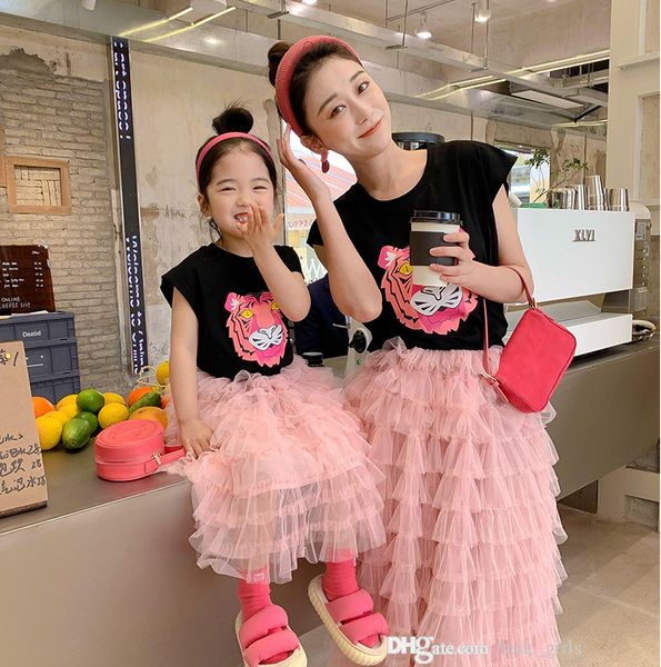 

family matching outfits cute mother girls tiger printed t-shirt+tiered lace falbala long tutu skirt 2pcs suits mother and daughter princess, Blue
