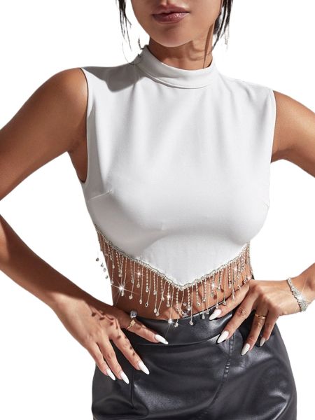 

rhinestone fringe stand collar zipper back tank q2qg#, White