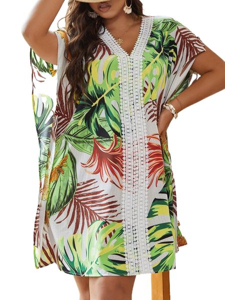 

plus tropical print contrast guipure lace batwing sleeve dress o1ea#, Black