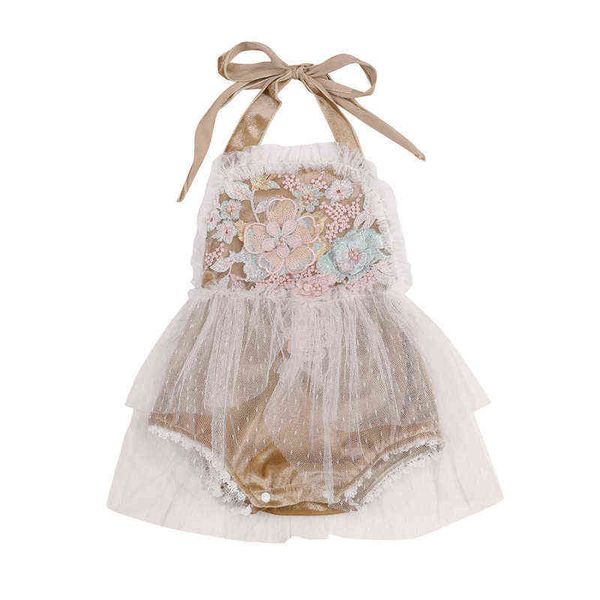 Bella principessa neonate pagliaccetti estivi senza maniche halter volant pizzo ricamo perla elegante pagliaccetto tute gonne di tulle G220521