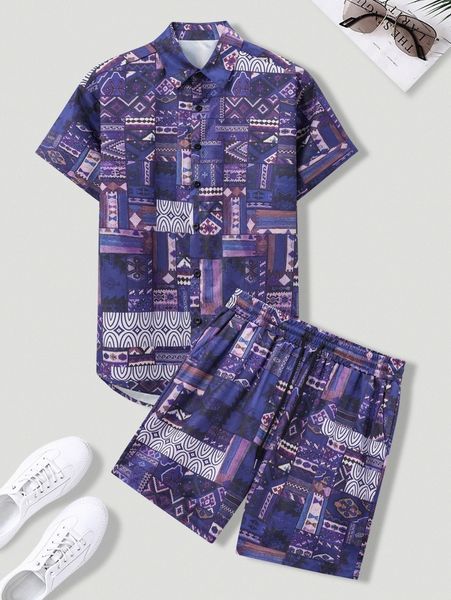 

men random patchwork print shirt & shorts r8vf#, Gray