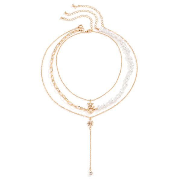 

design sense of imitation pearl beaded pendant necklaces splicing all-match star pendant clavicle chain small set rhinestones snow overlay w, Silver