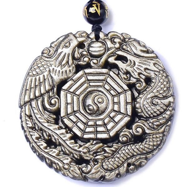 Anhänger Halsketten Natürliches Gold Obsidian Halskette Drache Phönix mit Kette Die acht Trigramme Amulett Friedensmaskottchen für Männer/Frauen