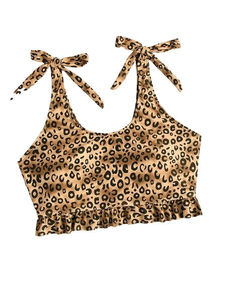 

plus leopard tie shoulder ruffle hem bikini 95rr#, Black