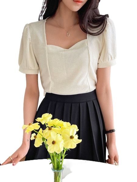 

dazy sweetheart neck puff sleeve waffle knit tee z8ns#, White