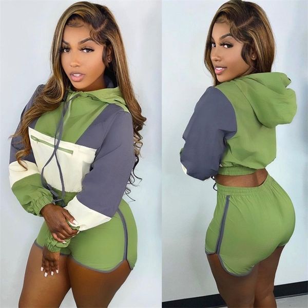 

hirigin patchwork two piece set long sleeve hooded crop biker shorts fall outfits tracksuit women clothes matching sets 220810, White;black
