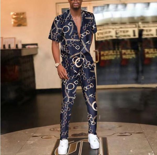 

vintage printed tracksuits mens summer two piece sets fashion casual short sleeve button shirts and long pants outfits 2022 men streetwear, Gray