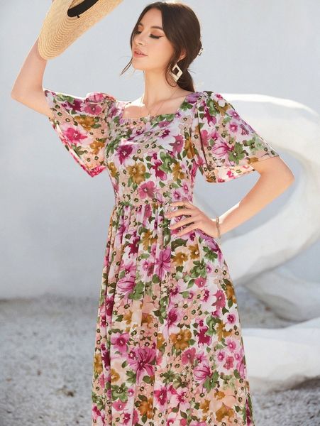 

allover floral print square neck butterfly sleeve dress b5cq#, Black;gray