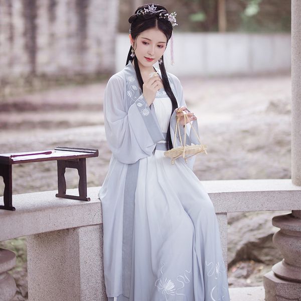 

ins epiphyllum original authentic song womens han chinese clothing embroidery long sleeved over-dress 6  heavy embroidery waist-high dress, Black;gray