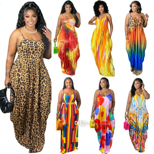 

summer 5xl maxi dresses women tie dyed colorful printed suspender loose dress plus size women clothes, Black;gray