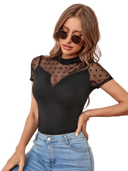 

contrast dobby mesh mock neck tee x4zf#, White