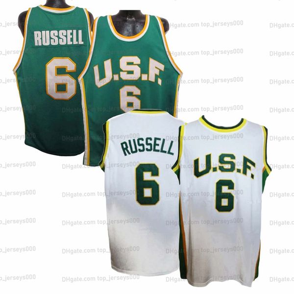 Maglia da basket Russell # 6 retrò personalizzata Ritorno a scuola Scuola da uomo cucita Bianco Verde Qualsiasi nome Numero XXS-6XL Maglie di alta qualità