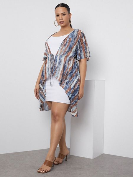 

plus striped print tie front high low kimono z42c#, Black;gray