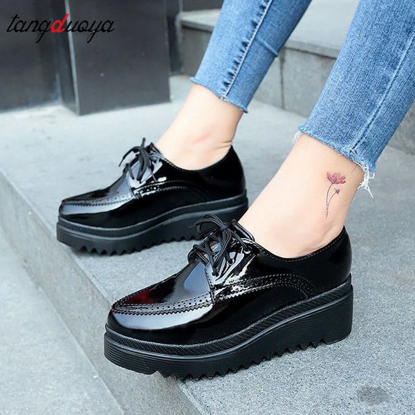

women oxford shoes high heels shoes platform wedges female pumps lace up thick bottom round toe casual shoes mary jane, Black;white