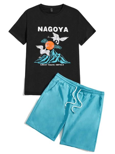 

men crane & slogan graphic tee & drawstring waist shorts u0le#, Gray