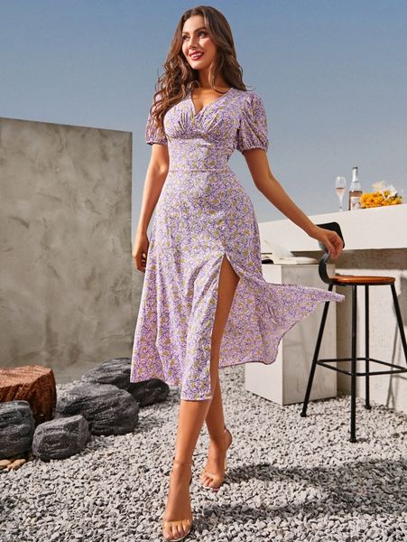 

sbetro allover floral print split thigh ruched bust dress o2dr#, Black;gray