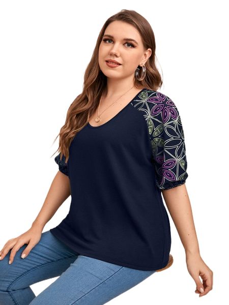 

plus floral print raglan sleeve tee t309#, Black