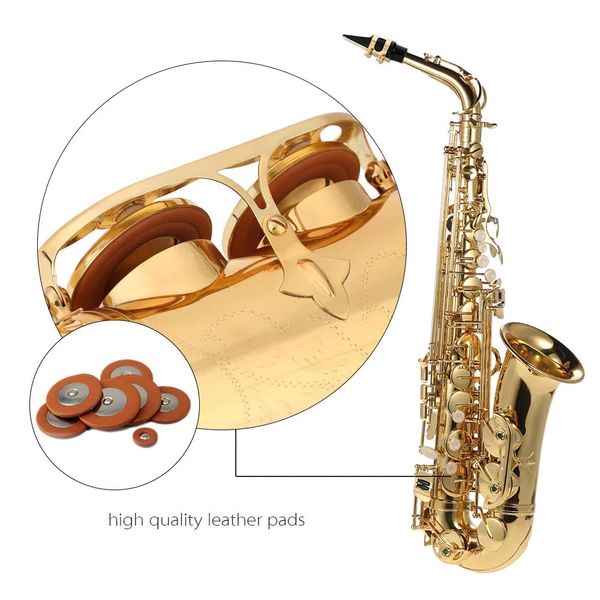 

eb alto saxophone brass lacquered gold e flat sax 802 key type woodwind instrument cleaning brush cloth gloves strap padded case