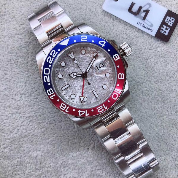

st9 steel automatic mechanical watch gmt pepsi strap red blue meteorite dial bezel big date sapphire glass 40mm men watches wristwatches, Slivery;brown