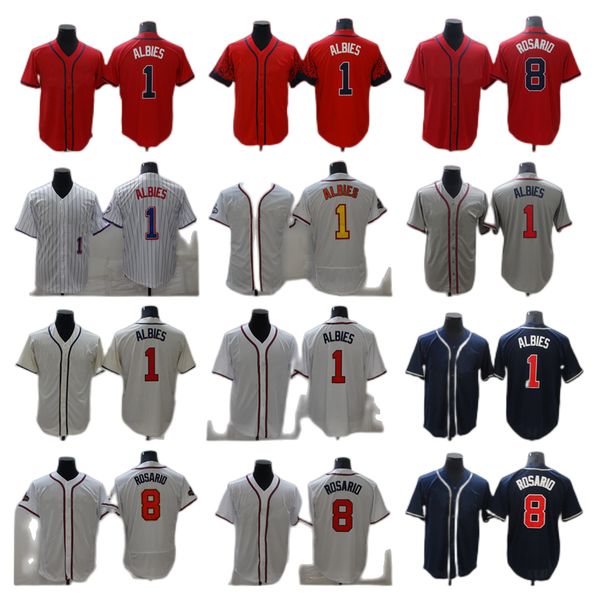 

atlanta's braves's new baseball jerseys 1 ozzie albies 8 victor rosario, Blue;black