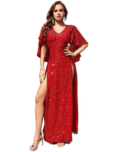 

cloak sleeve wrap hem sequin formal dress h6py#, Black;gray