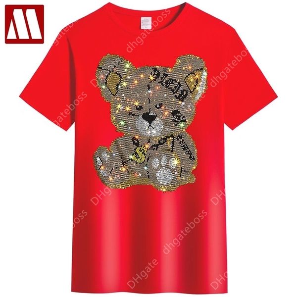 

rhinestones tshirt men t shirt streetwear slim men's short sleeve shirts diamond inlaid teddy bear toy plus size cool, White;black
