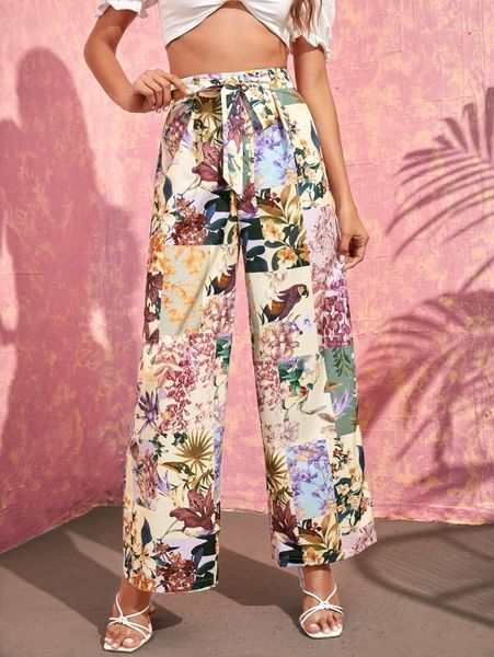 

bird & floral print tie front wide leg pants k8lo#, Black;white