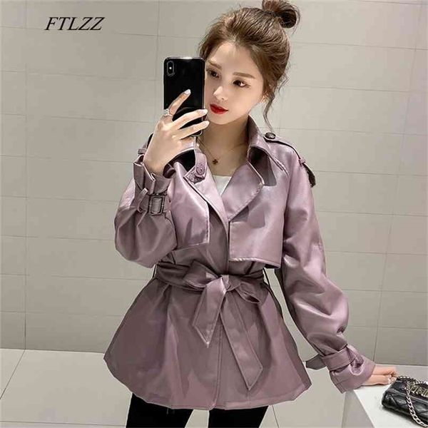 

ftlzz autumn women loose pu faux soft leather jacket turndown collar motorcycle black coat female streetwear outerwear with belt 210908