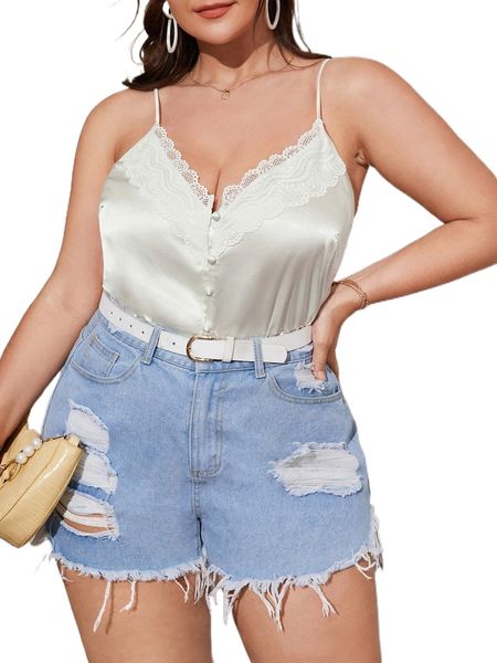 

plus contrast lace satin cami 109k#, Black